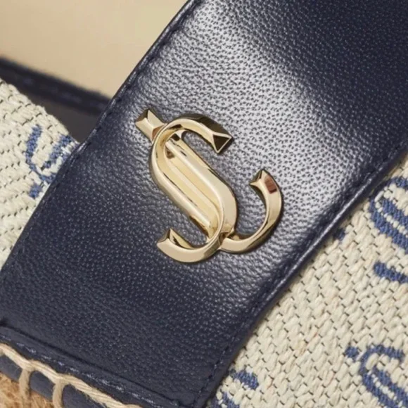 NEW JIMMY CHOO Dru Logo Monogram Leather/Canvas Espadrilles Shoes 100% authentic